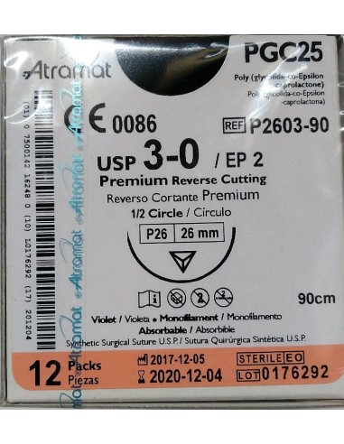 SUTURA PGC25 (Polic-Ac.polig)Abs violeta  3/0  aguja triang 1/2  26 mm Hebra 90 cm 12 und Premium