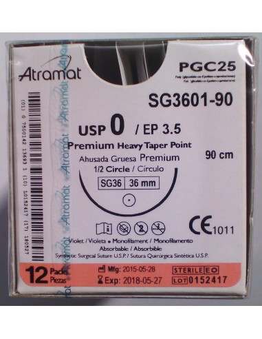 SUTURA PGC25 (Polic-Ac.polig)Abs violeta Atr 0 aguja cilindrica 1/2  36 mm Hebra 90 cm 12 UDS