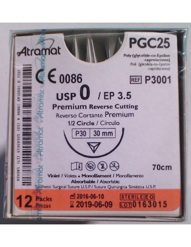 SUTURA PGC25 (Polic-Ac.polig)Abs violeta Atram 0 aguja triang 1/2  30 mm Hebra 70 cm 12 und