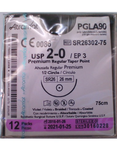 SUTURA PGLA90. Ag. VIOLETA 2/0 12 UD Cilíndrica 1/2 de círculo, 26 mm. Hebra 75 cm