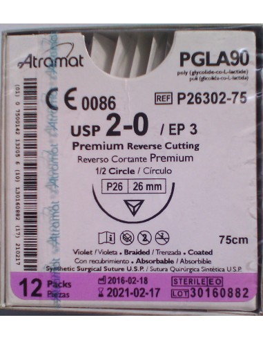 SUTURA PGLA90. Ag. VIOLETA 2/0 12 UD Triangular 1/2 de círculo, 26 mm. Hebra 75 cm