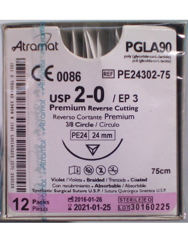 SUTURA PGLA90. Ag. VIOLETA 2/0 12 UD Triangular 3/8 de círculo, 24 mm. Hebra 75 cm