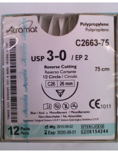 SUTURA POLIPROPILENO Atramat 3/0 aguja triang 1/2 26mm Hebra 75 cm 12 und