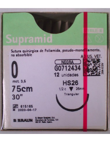 SUTURA SUPRAMID BLACK 0 HS26 75 CM 12 UD. TRIANGULAR