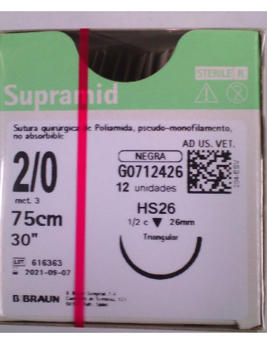 SUTURA SUPRAMID BLACK 2/0 HS26 75 CM 12 UD. TRIANGULAR