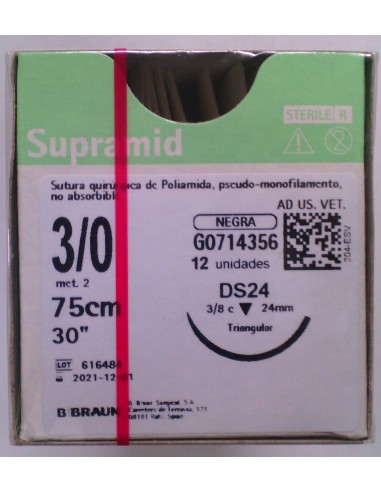 SUTURA SUPRAMID BLACK 3/0 DS24 75 cm 12 UD. 3/8 24mm triangular